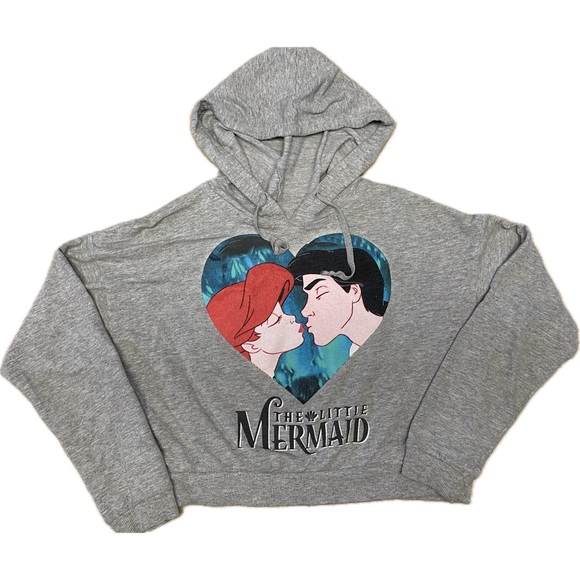 Disney The Little Mermaid Gray Crop Top Hoodie Sweatshirt - Picture 1 of 7